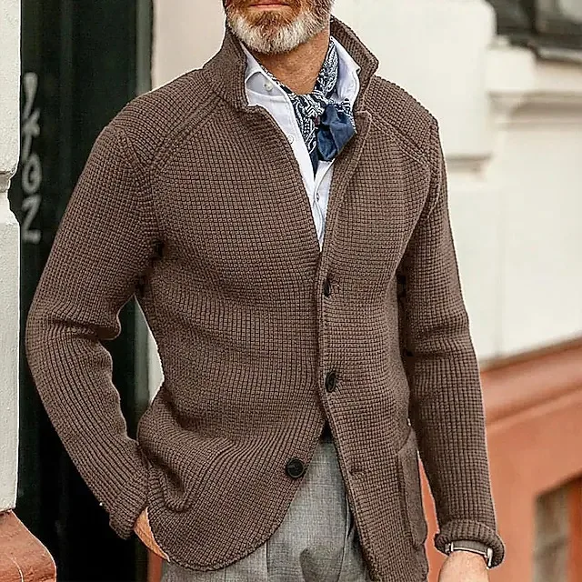 Fashionable Thicken Knitted Cardigan Sweater For Men  Winter Fashion Long Sleeve Solid Color Stand-up Collar Knitting Outerwear