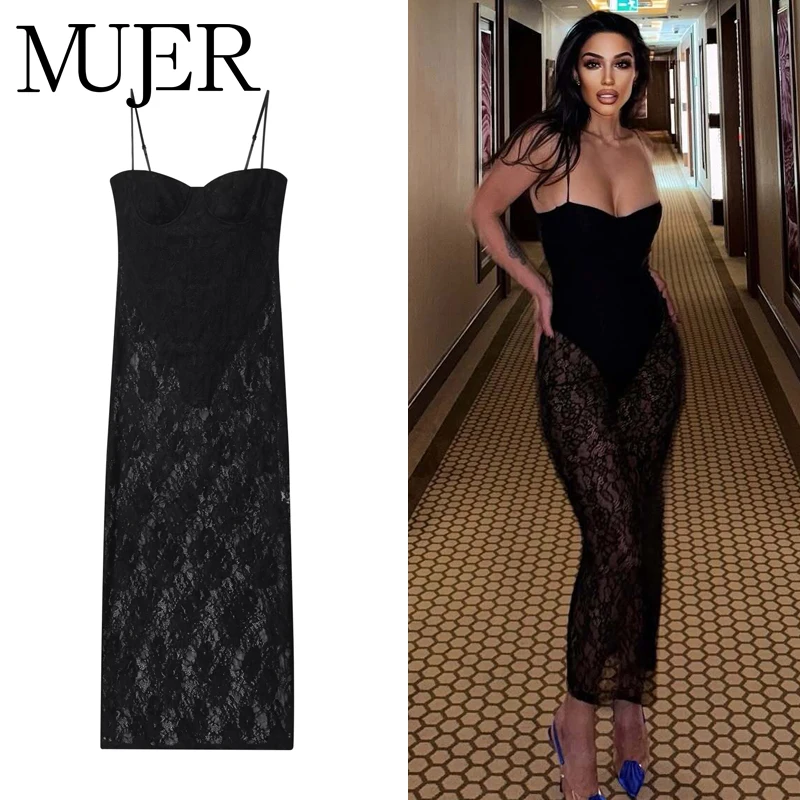 MUJER 블랙 레이스 롱 드레스 여성 바디수트 코르셋 미디 드레스 여성 섹시 백리스 슬립 드레스 여성용 세미 시어 파티 드레스
