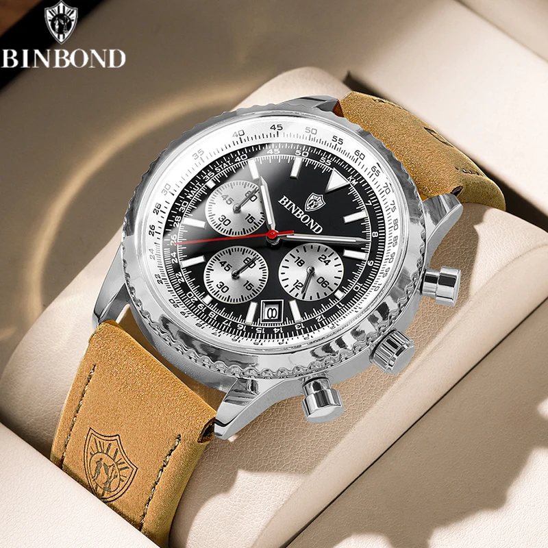 

BINBOND Fashion High Quality Leather Man's Watch Quartz Casual Clock Waterproof Luminous Date Chronograph Popular Men Wristwatch