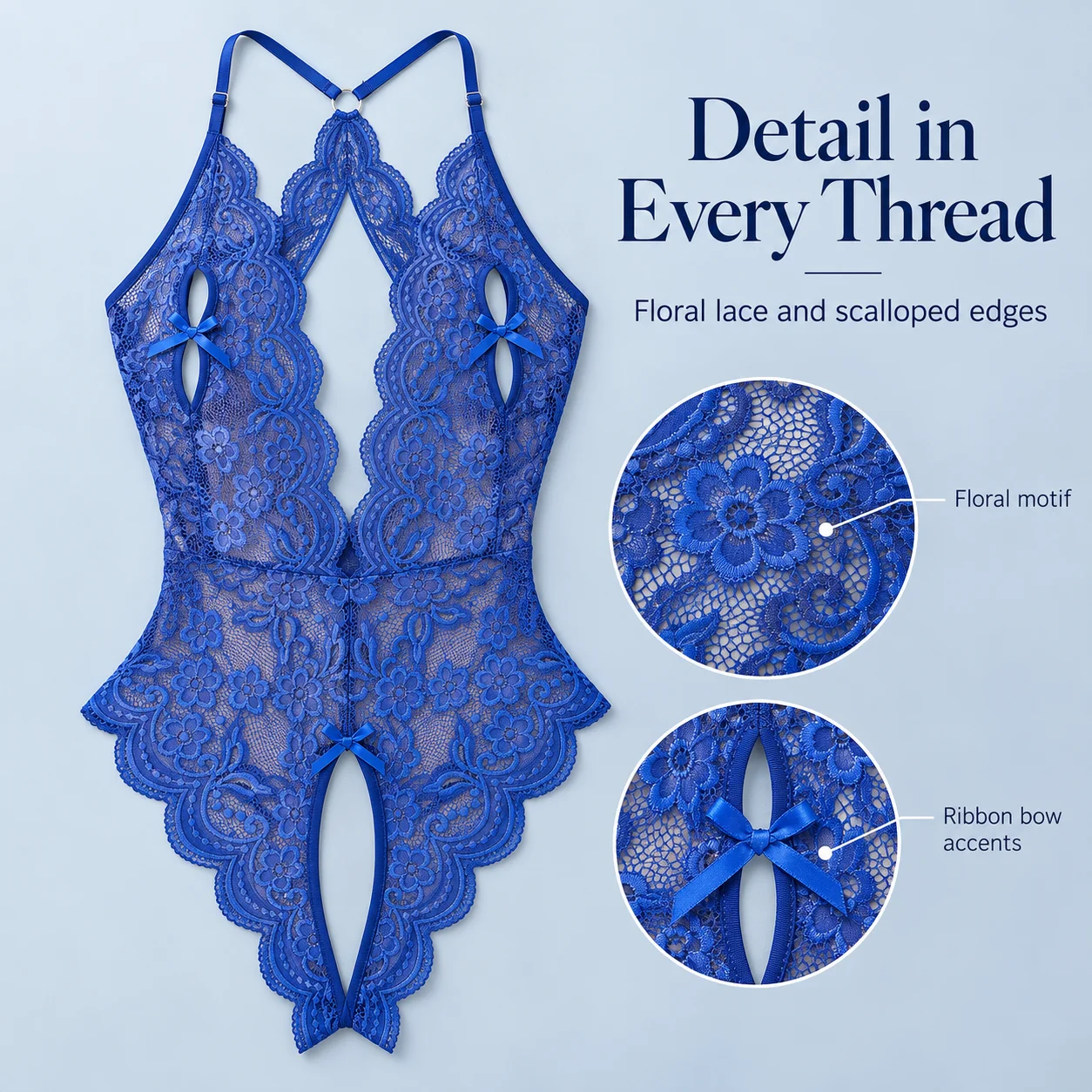 Women's Floral Lace Bodysuit Deep V One Piece Lingerie with Adjustable Straps Bow Details in Black Blue Red White S M L XL