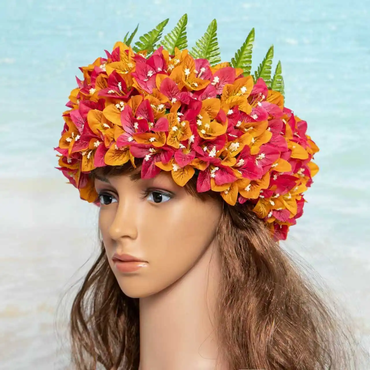 

НОВЫЙ Гавайский шелковый цветок Bougainvillea W, лист папоротника, фетр Хаку, Гаити Хей, цветочная корона для хула, танцевального фестиваля, повязка на голову