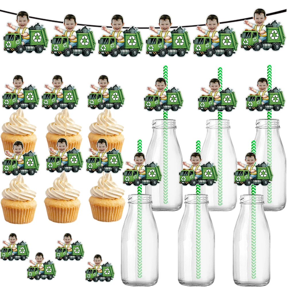 Maßgeschneiderte Geburtstagsfeier-Hygiene, Müllwagen-Thema, Papierbanner, Geschenkaufkleber und Kuchendekoration, Plugins-Strohset