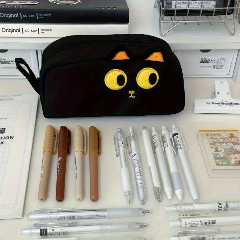 

1pc Cute 3D Black Cat Pencil Case - Large Capacity Durable Canvas, Whimsical Cartoon Design