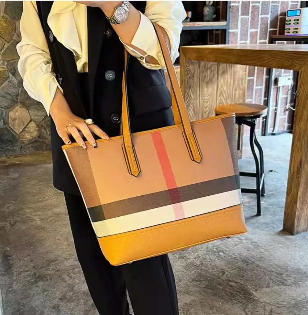 

​​New Print Retro Tote Bag Color Block Grid Large Single Shoulder Hand Carry Casual Versatile Large Capacity Women Bag​​