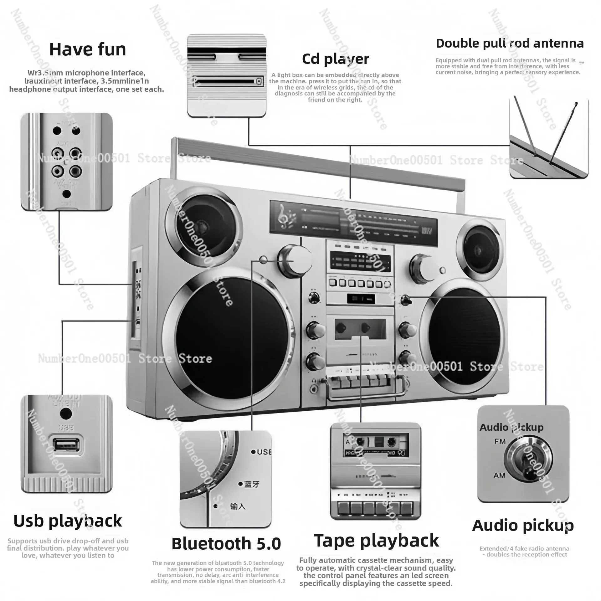 Vintage Tape Recorder Portable CD Player Cassette Bluetooth Audio CD Album Disc HIFI Heavy Bass