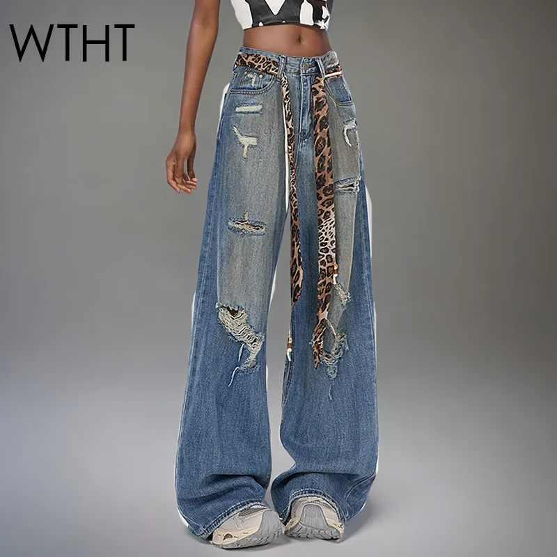 

WTHT New Trendy Women's Spliced Leopard Gradient Hole Wide Leg Jeans 2025 Summer Fashion High Waist Denim Pants Female 1LS2084