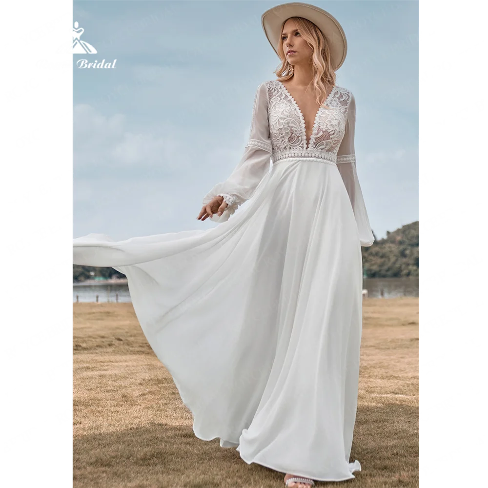 Roycebridal-vestido de noiva feminino com decote em V, vestido de chiffon com trem grande e grande, 2020