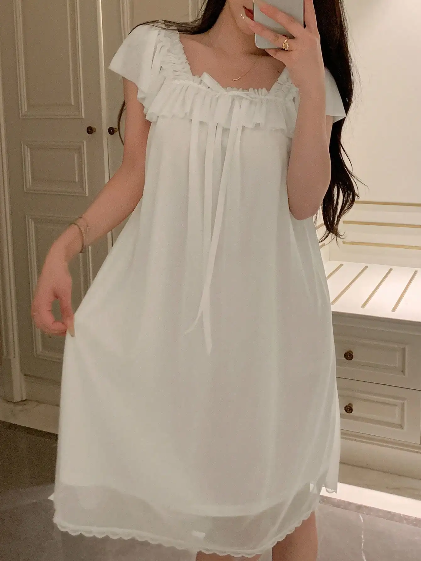 

Белая легкая ночная рубашка с рюшами и квадратным вырезом для женщин, летняя одежда для сна