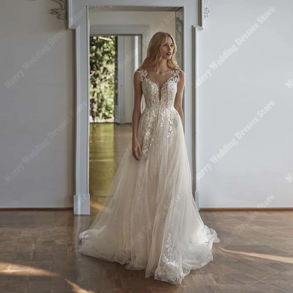 Nowoczesne suknie ślubne w kształcie litery A, eleganckie, seksowne, z dekoltem w serek, bez rękawów, suknie dla panny młodej o długości do ziemi, na bankiet, Vestido De Novia, szyte na miarę.