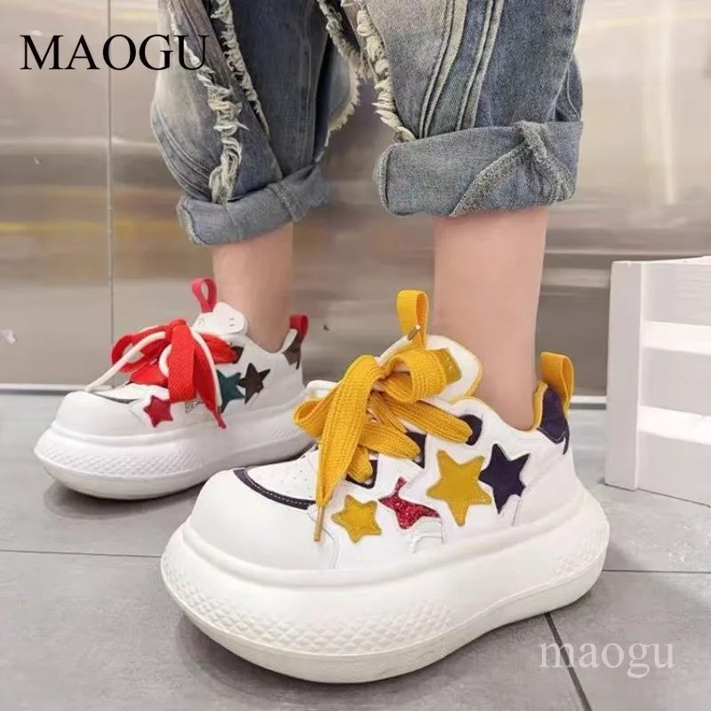 Ladies Platform Casual Sneakers Colorful Star Patch Round Toe Shoes for Woman 5cm Thick Sole Height Spring Autumn Кроссовки