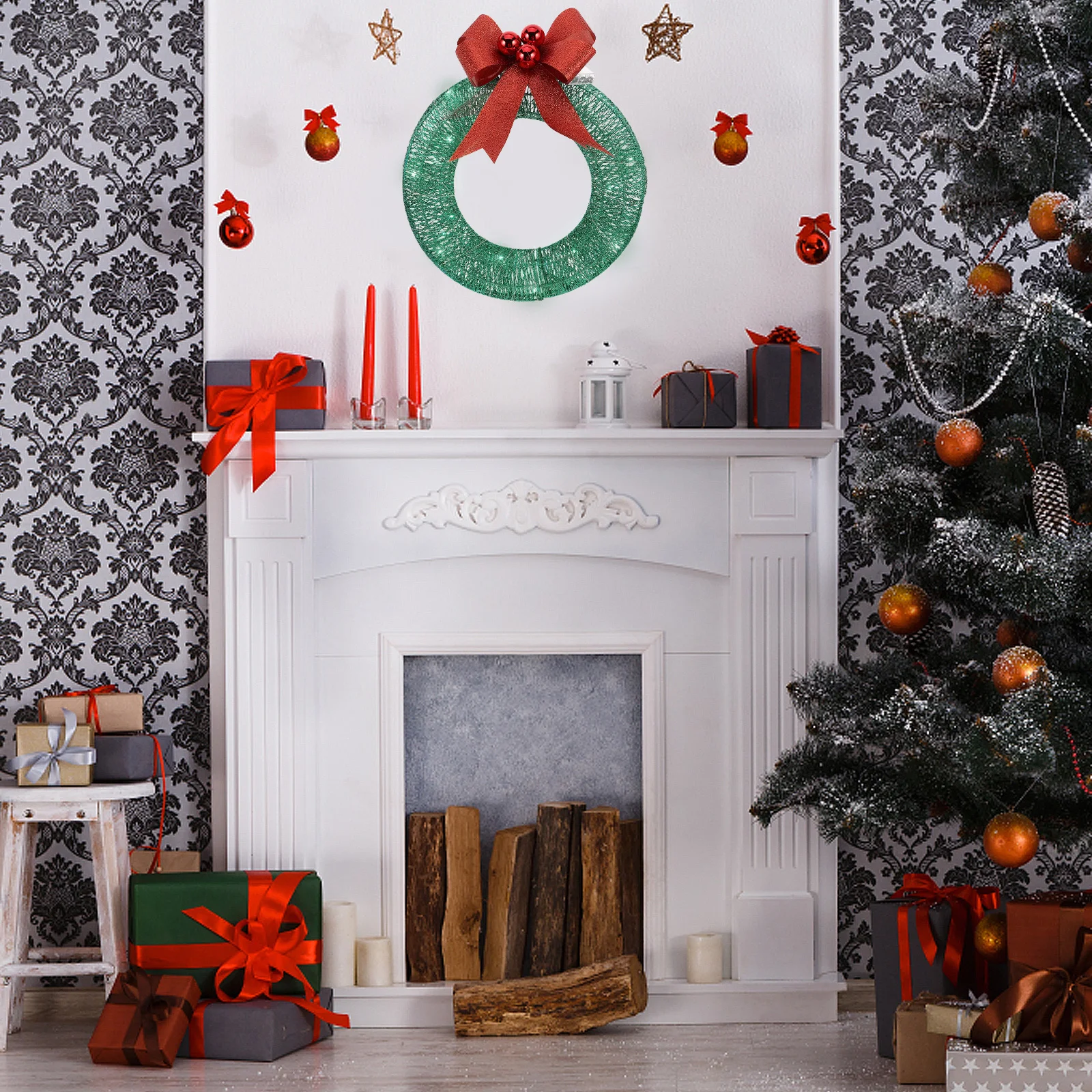 

1pc Luminous LED Christmas Wreath Pre-Lit Red Ribbon Garland for Door Porch Decor Holiday Lighted Festive Bow Xmas Decoration