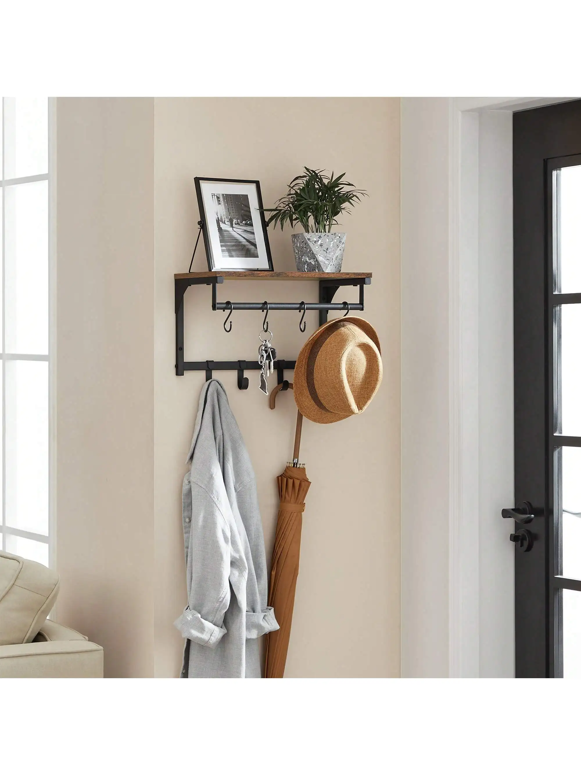 VASAGLE Wall Coat Rack: 8 Hooks, Shelf. Ideal for Living Room, Hallway, Bedroom. 40x24x24 cm. Rustic Brown/Black.