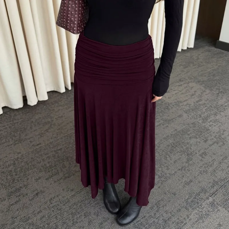 Tsiisd Women's Knitted Skirt High Waist Ruched Draped Asymmetric Hem Bodycon Midi Maxi Fall Winter Elegant Party Outfit Skirts