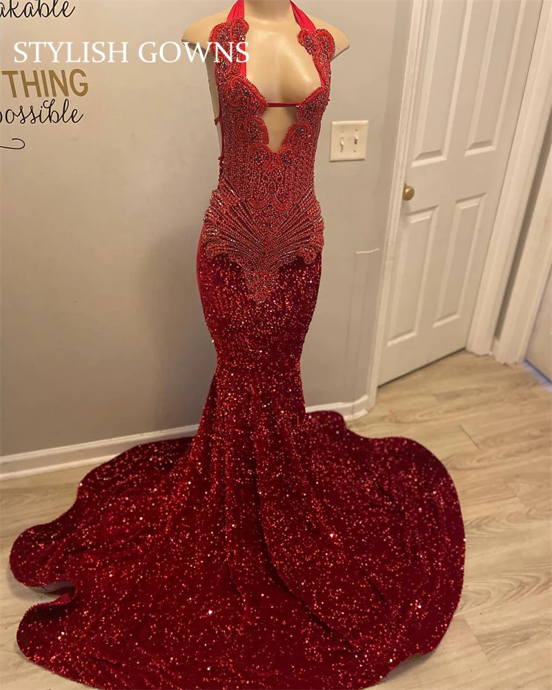 

Red Halter Long Prom Dress Black Girl 2024 Sparkly Bead Crystal Rhinestone Birthday Party Dresses Sequin Evening Gown Customized