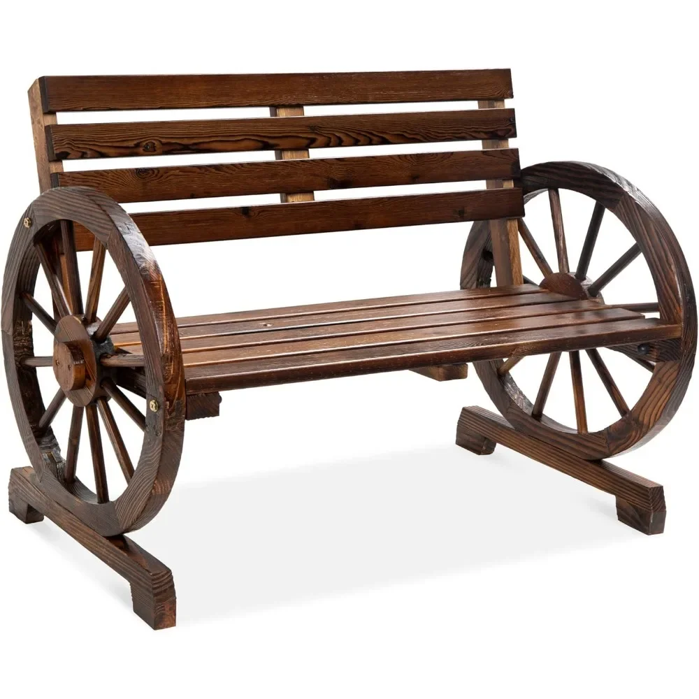 

Wooden Wagon Wheel Bench for Backyard, Patio, Porch, Garden, Outdoor Lounge Furniture w/Rustic Country Design, Slatted Seat