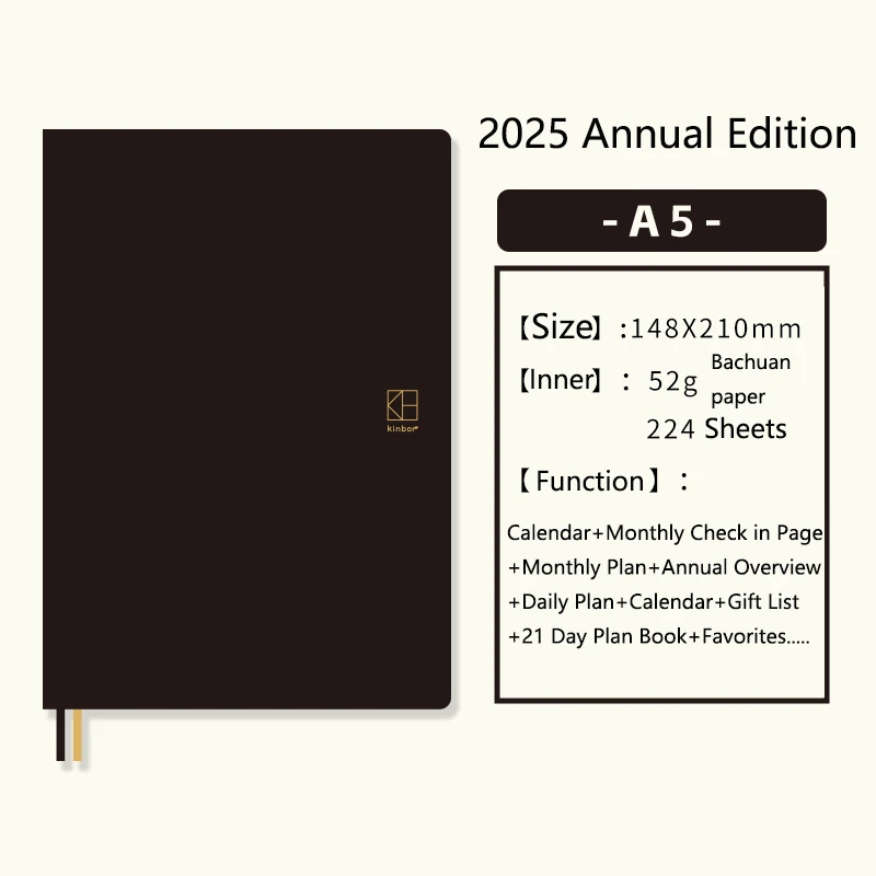 Kinbor Notebook 2025 Planner A5/A6 Full Year Agenda Schedule Daily Timeline Weekly Plan Efficiency Notebooks for School Office