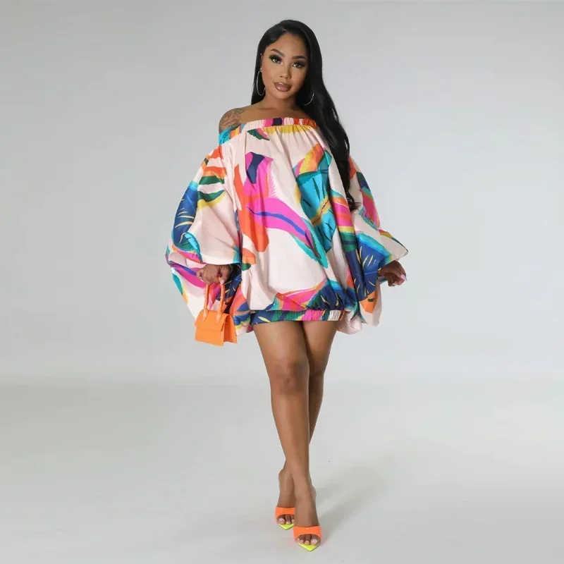 Sukienka GUWU, elastyczny dół, odkryte ramiona, dekolt typu slash neck, długi rękaw typu lampion, drukowana suknia balowa, sukienka typu smock, vintage, damska, letnia, vestidos