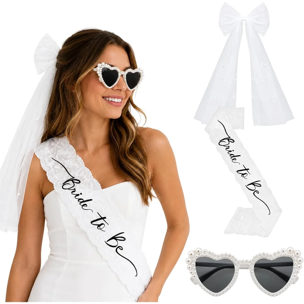 3-teiliges Braut-Set für Junggesellinnenabschied, Braut-Schärpe, Spitzen-Schleier, Perlen-Herz-Sonnenbrille für Brautparty, Hochzeits-Foto-Requisiten – Detail 1