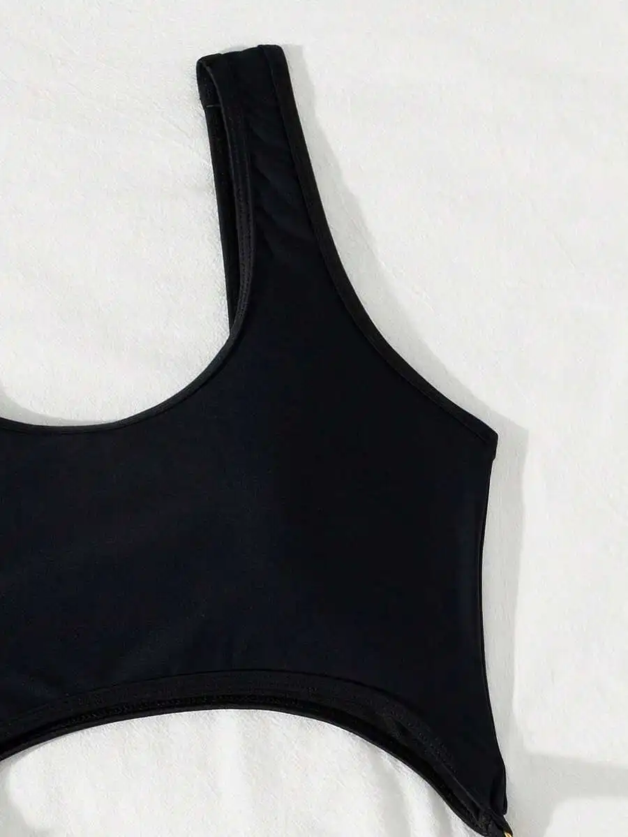 

Black Cut Out One Piece Swimsuit With Ring Detail Summer Beach Swimwear