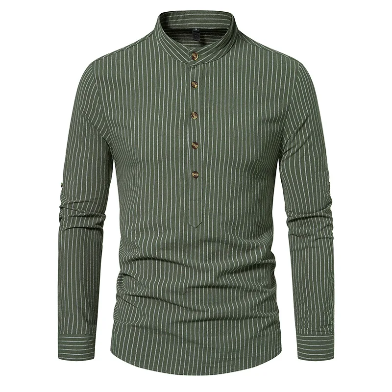 

Vintage Army Green Cotton Henley Shirt Men 2023 Brand Slim Fit Long Sleeve Striped Shirts Men Daily Work Causal Tops Blouses XXL