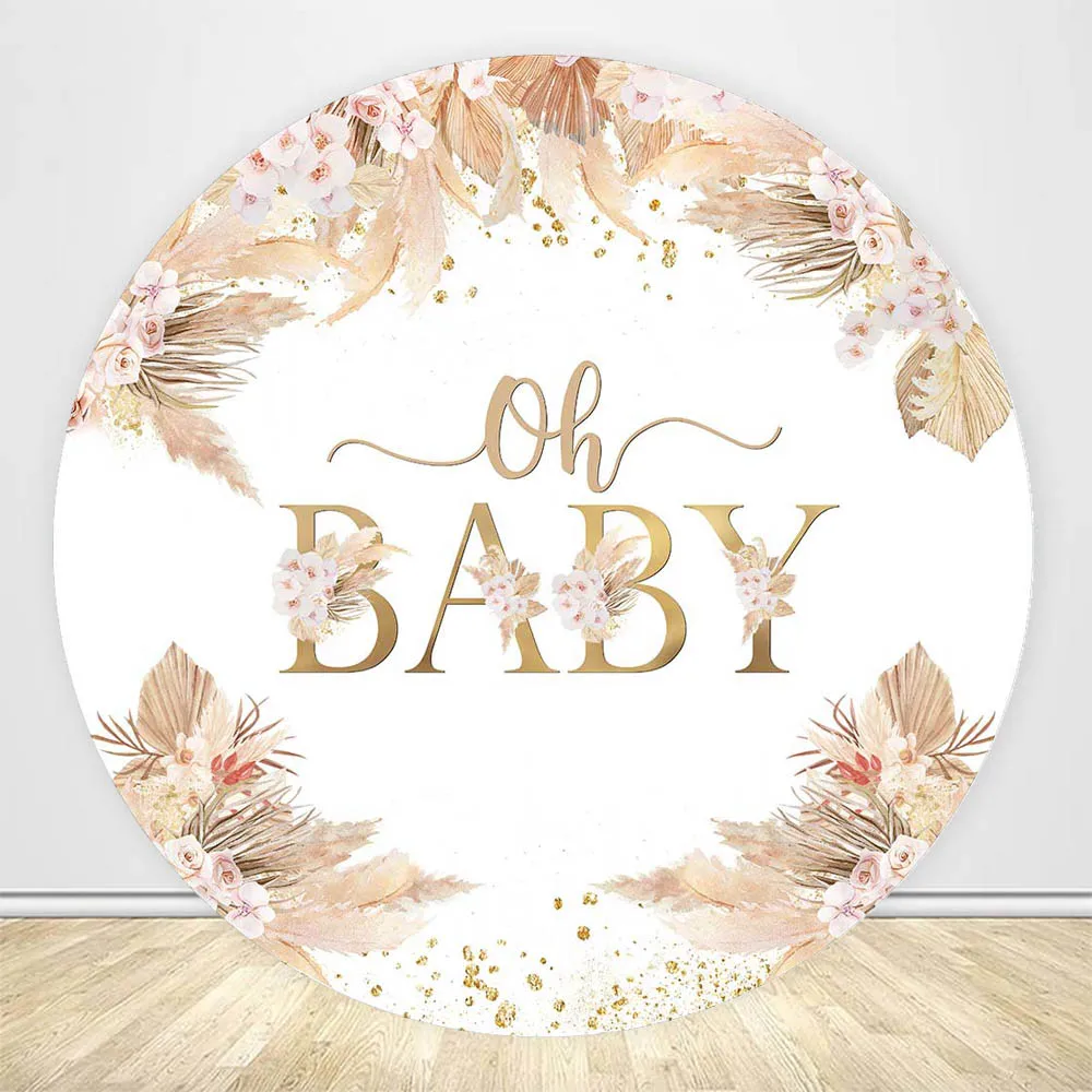 Mocsicka Bohemian Baby Shower Round Backdrop Oh Baby Boho Flowers Pampas Grass Photo Background Studio Photography Props Elastic