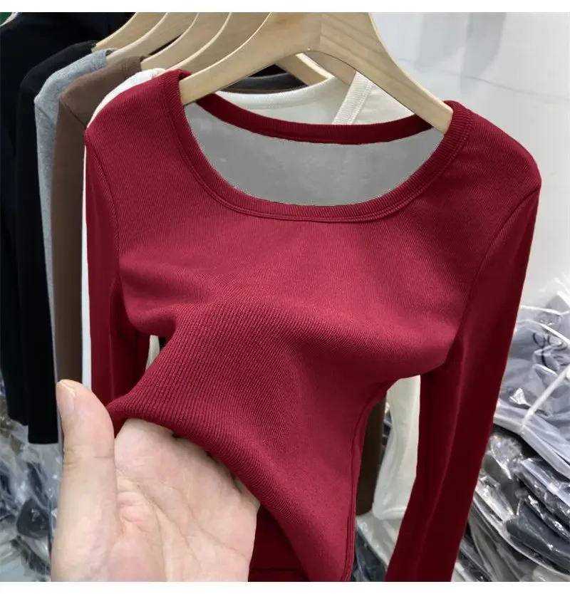 Women's Winter Fleece Thermal Underwear Top O-neck Sweater Super Soft Velvet with Solid Color Warm Knitted Bottoming Shirt  A303