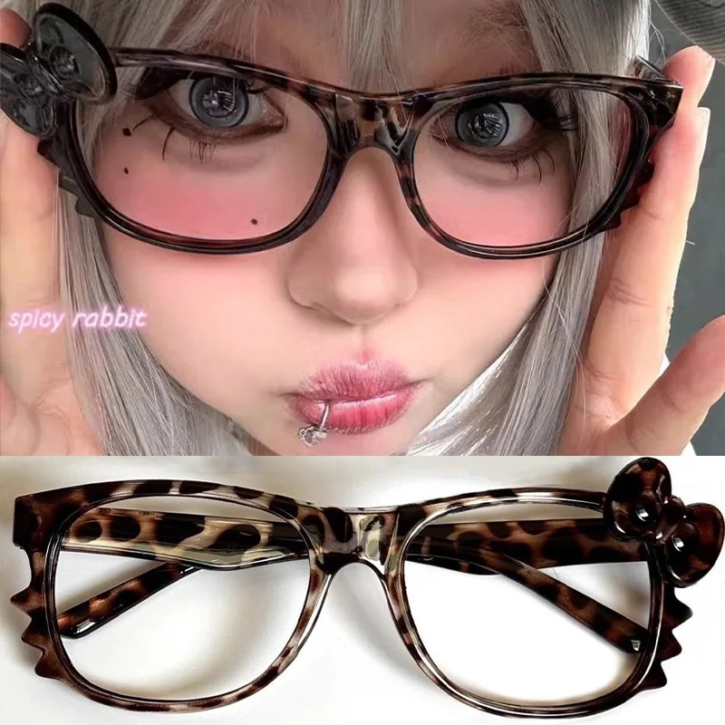 Lunettes Vintage Y2K à imprimé léopard pour femmes, sans lentilles, mode dessin animé chat mignon, grande monture, sans lentilles