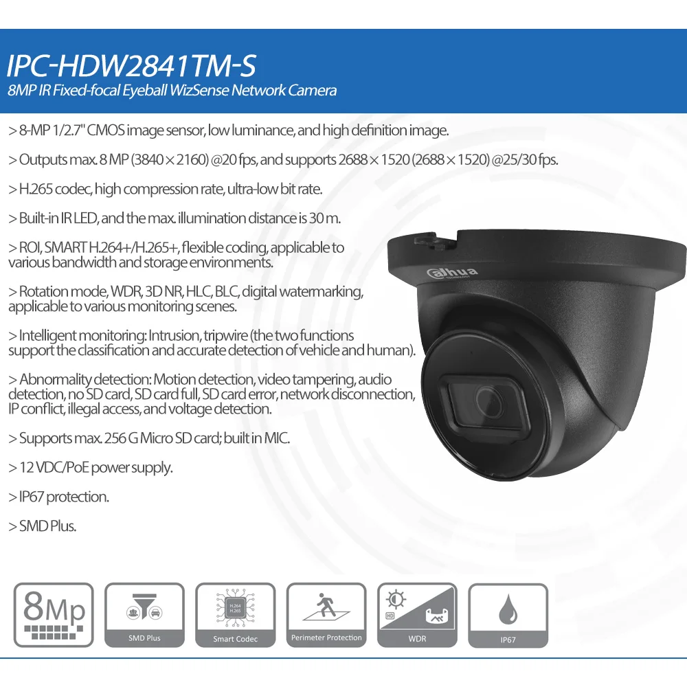 Imagem -02 - Dahua Original Ipc-hdw2841tm-s 8mp Ir30m Globo Ocular Focal Fixo Wizsense Câmera de Rede Poe Microfone Embutido Smd Plus Ip67 Ivs H.265