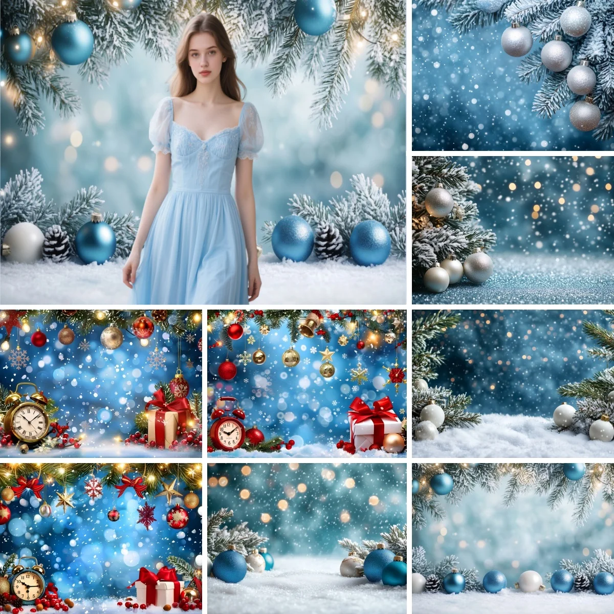 Christmas Photography Backdrop Winter Glitter Bokeh Snowflake Bells Clock Gifts Kids Adult Birthday Party Decor Photo Background