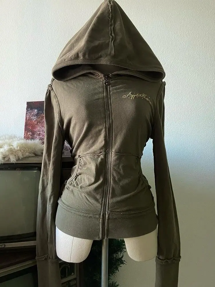 Vintage Aesthetic Olive Green Hooded Women 90s Vintage High Street Letter Print Sweatshirt Hoodies Zip-up Femme Tops Outerwears