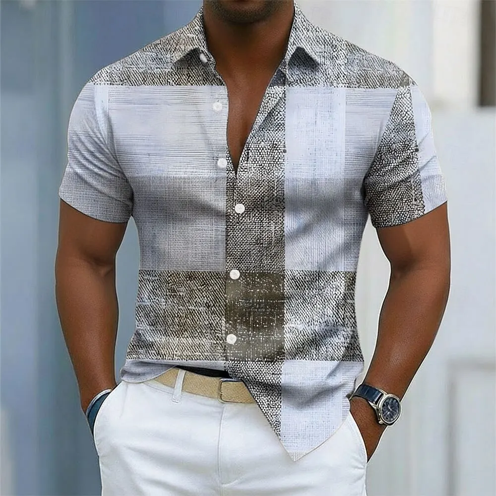 Men's Geometric Color Block Shirt Button Up Short Sleeve Casual 3D Print Turndown Shirt Blue Teal Purple Khaki
