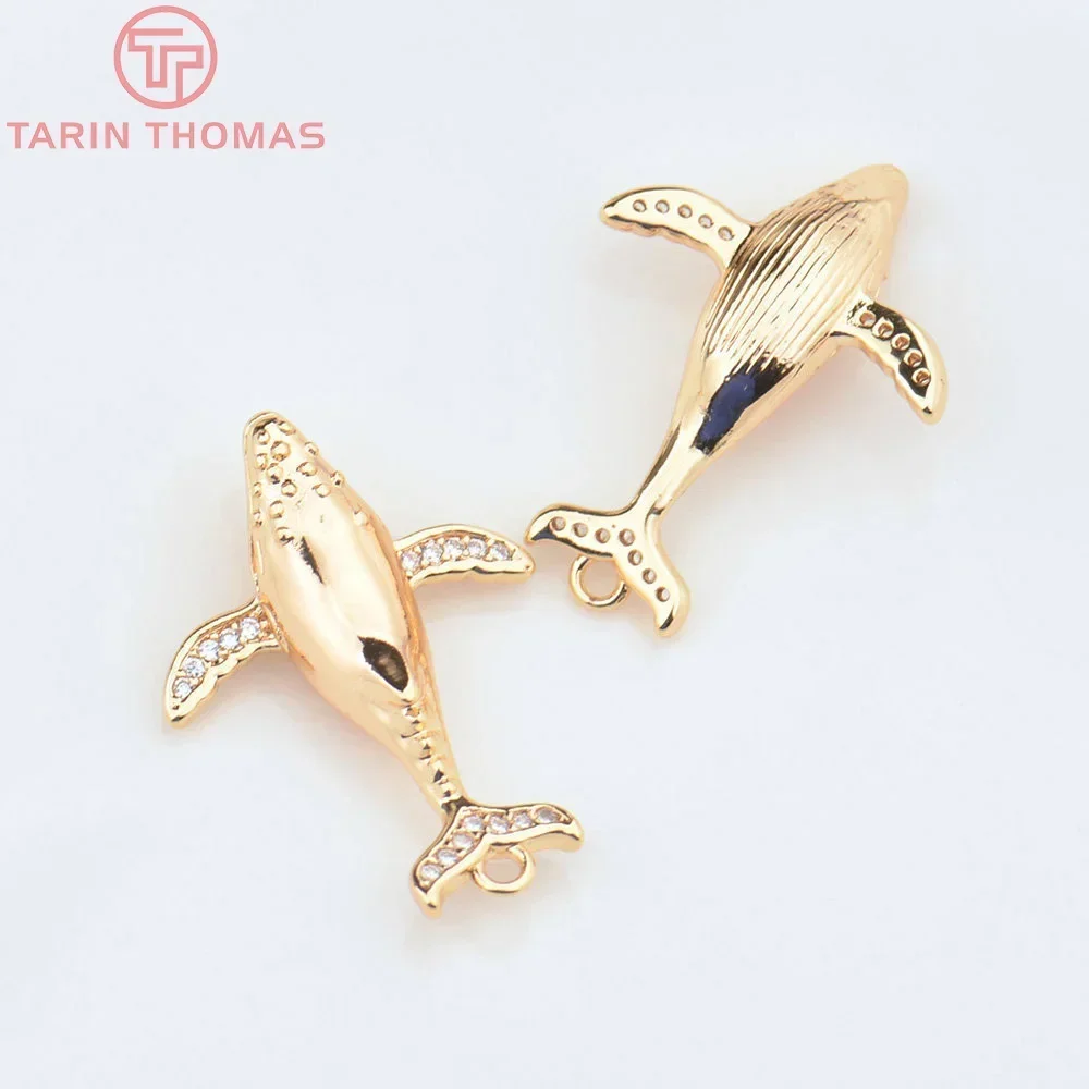 (4556)4PCS 18.5x26MM Hole 1.5MM 24K Gold Color Brass with Zircon Whale Pendants High Quality Diy Jewelry Findings Accessories