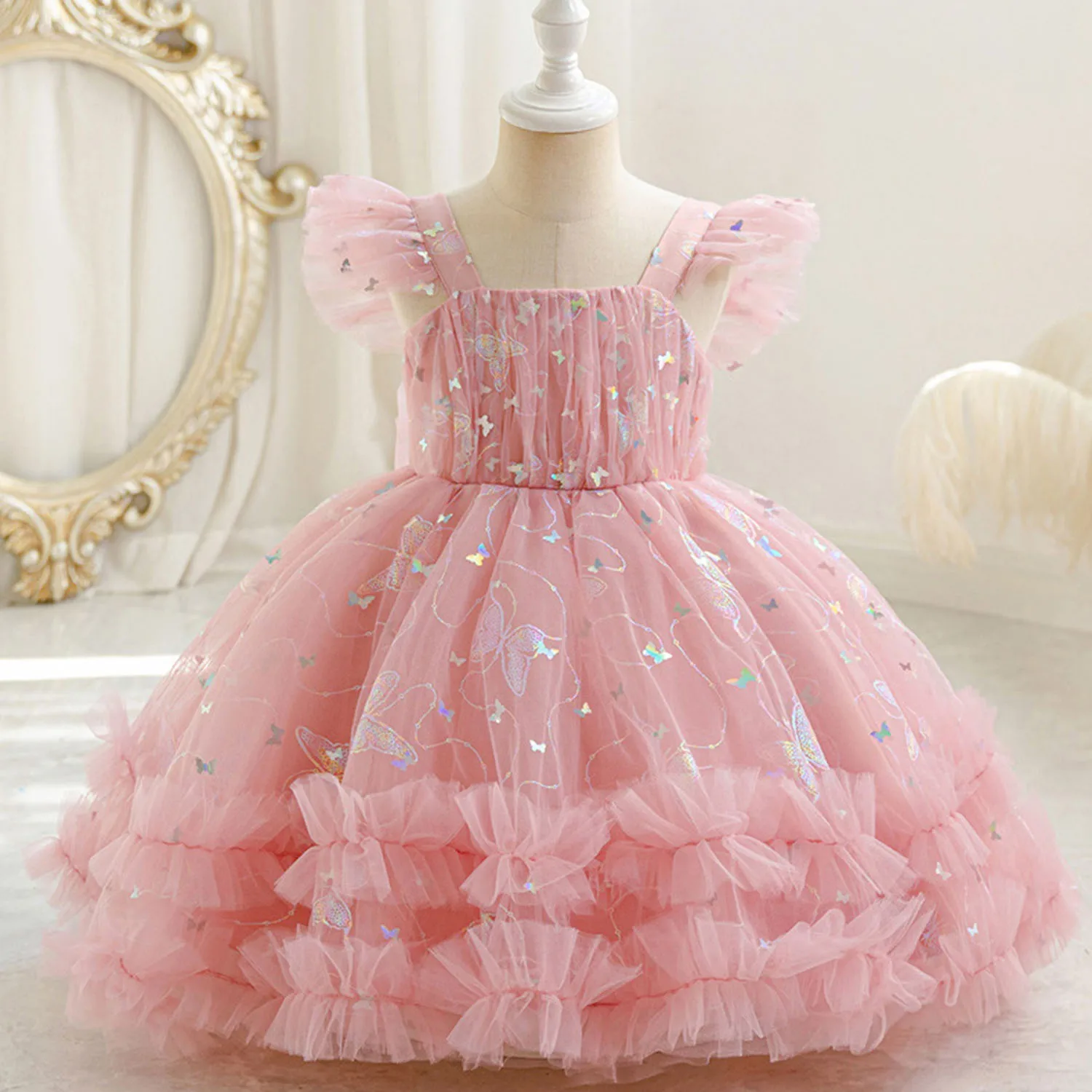 

Baby Little Girls Formal Flower Girl Dress Toddler Butterfly Birthday Party Pageant Dress Q153