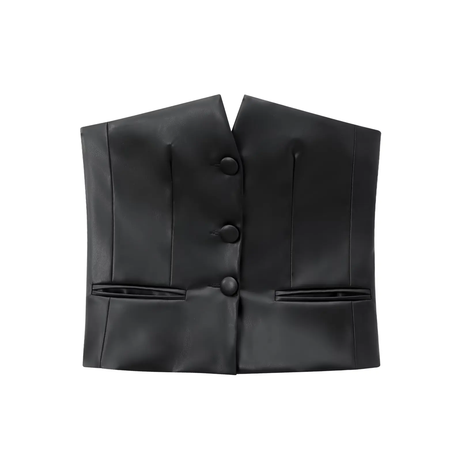 

Women's new fashion pocket decoration black short Faux Leather strapless top retro sleeveless button up women's vest chic top