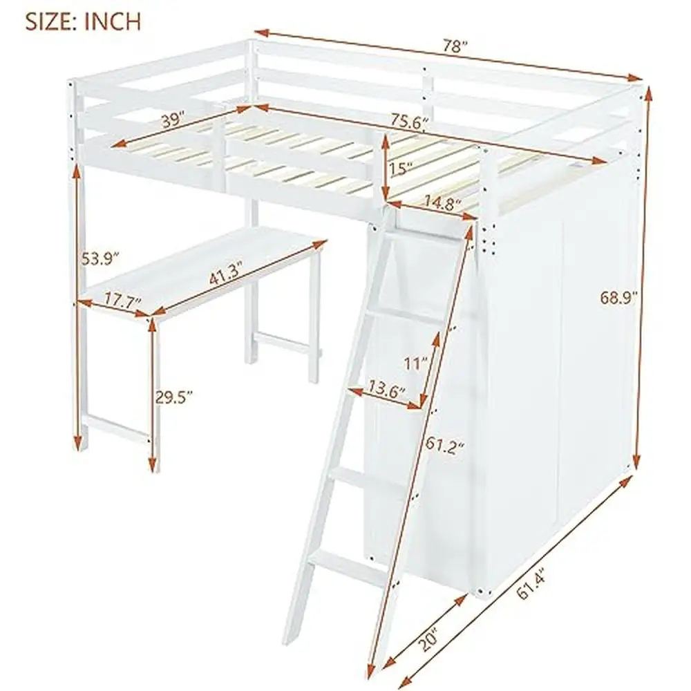 Twin ขนาด Loft เตียงโต๊ะและตู้เสื้อผ้าเด็กวัยรุ่นกรอบทนทาน Guard Rails ไม้อัดสน 78 "L x 61.4" W x 68.9 "H