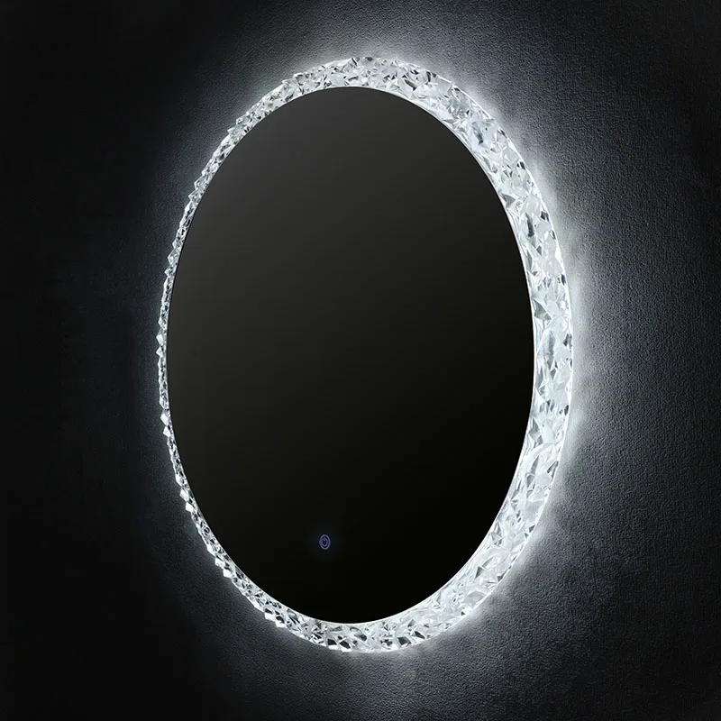 Round Smart Bathroom Mirror Touch Screen Wall Mount Irregular Diamond Crystal Led Make up Mirror