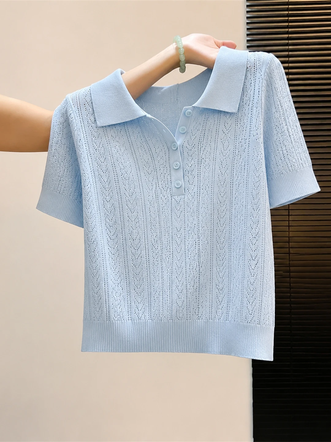 

Elegant Pure Color Knitted Shirt Summer Short Sleeve Turn-down Collar Semi-unbuttoned Style Women's Korean Straight Cut...