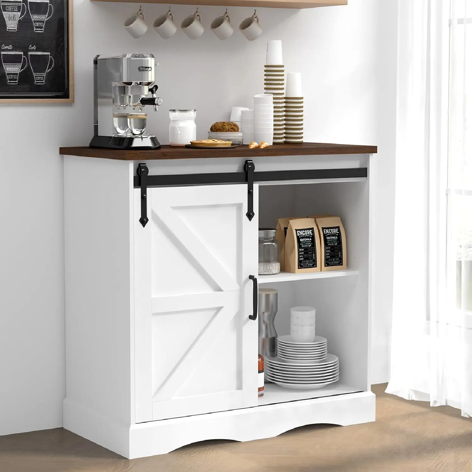 

31.5" H Farmhouse Coffee Bar Cabinet w/Storage, White Kitchen Sideboard Buffet Cabinet with Sliding Barn Door