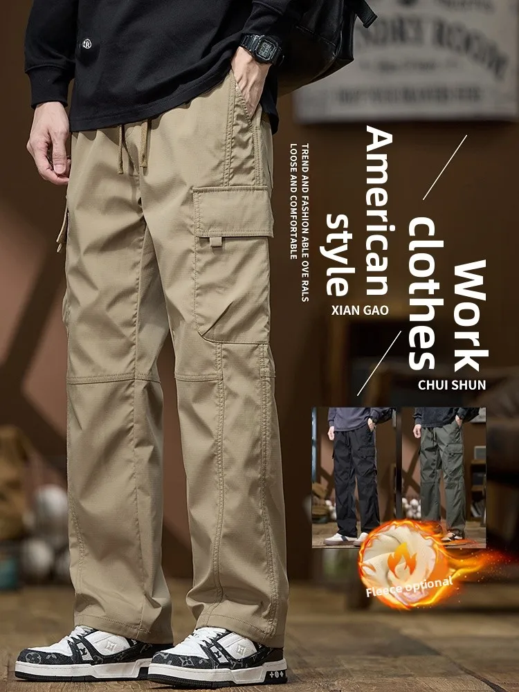 

Мужские зимние рабочие брюки в американском стиле, утепленные флисом, с широкими штанинами, прямого кроя, повседневные, молодежный энергичный стиль