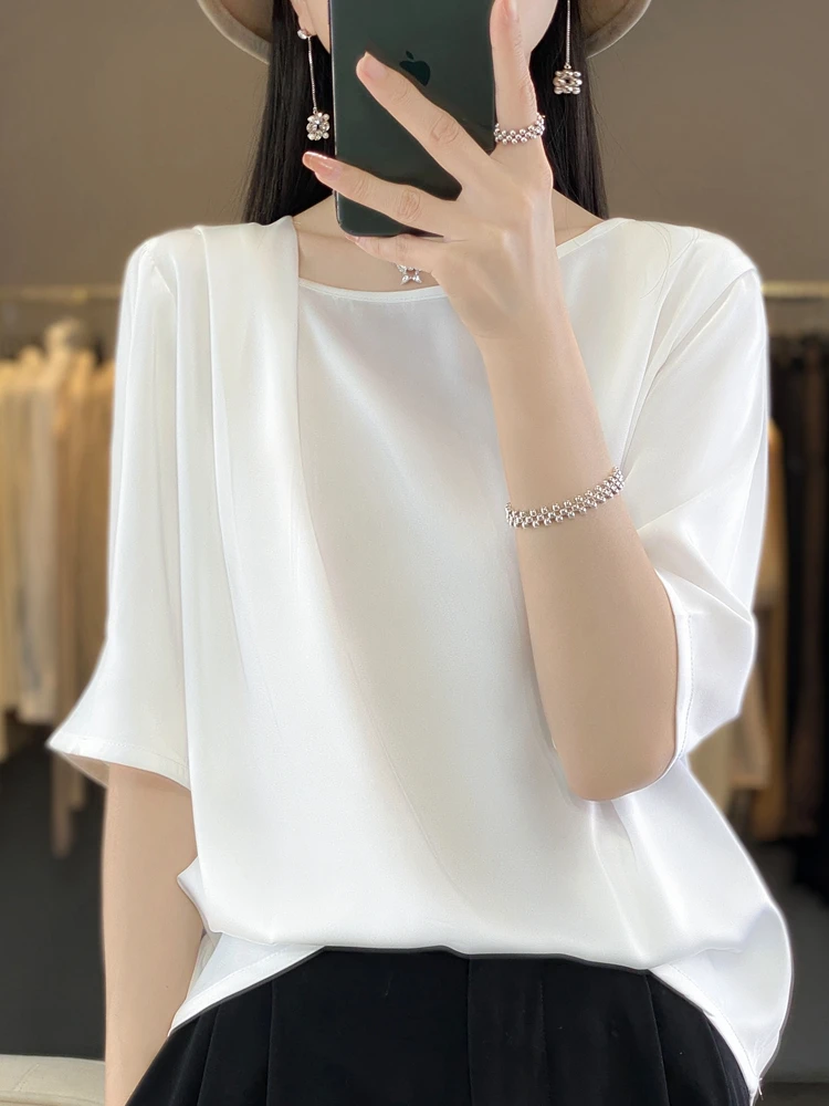 Women's O-Neck Half Sleeve Top, Folded Decorative T-Shirt, Short Sleeves, High End Elegance Tees, Thin Fashion, New Style,Summer