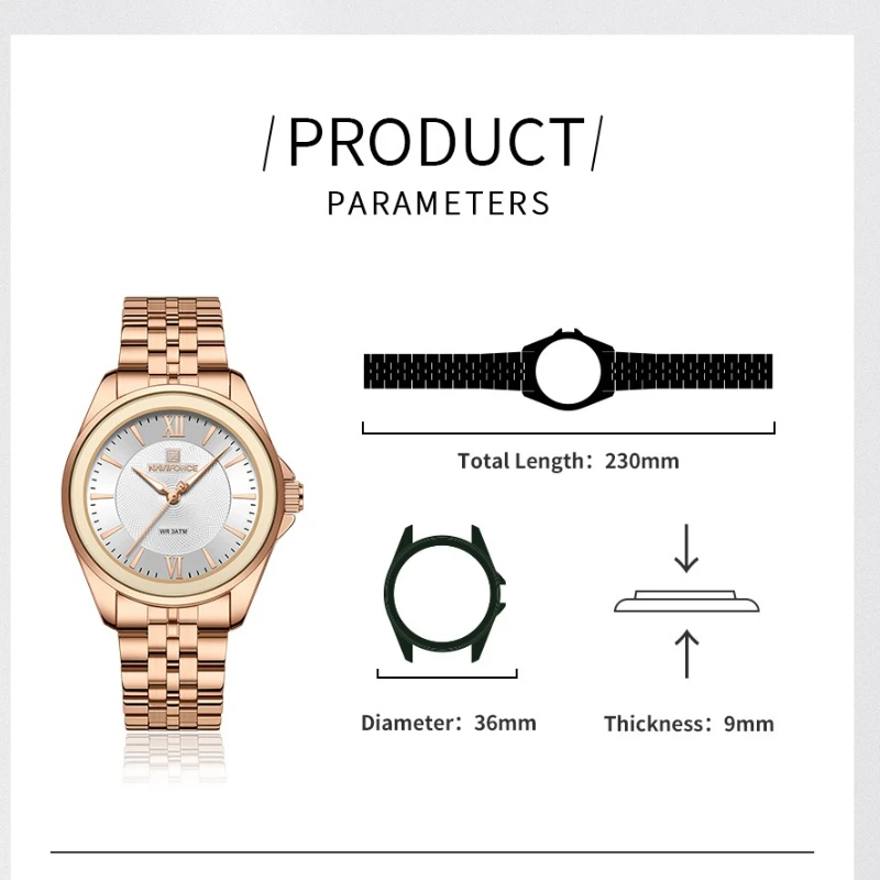 NAVIFORCE Women's Wristwatch Simple Design Stainless Steel Band 3ATM Waterproof Time Date Daily Office Ladies Fashion Watch