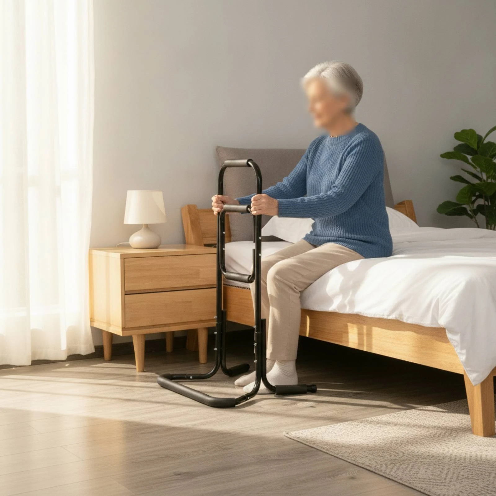 Bedside Support Rail Adjustable Height Bed Assist Handle with Padded Grip Medical Equipment Fall Mitigation for Elderly