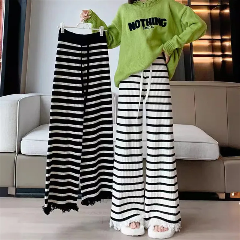 Women Striped Ribbed Knit Wide Leg Pants Drawstring High Waist Tassel Fringe Hem Loose Casual Fall Winter Ladies Long Trousers