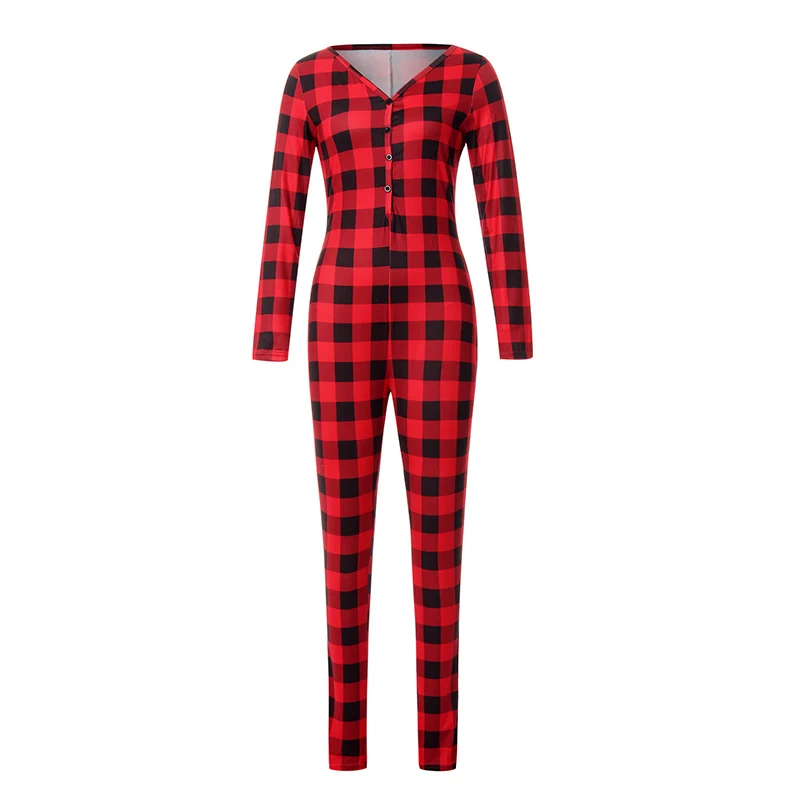 Women Sexy Bodycon Jumpsuit Fashion Plaid Print Long Sleeve V Neck Elastic Buttons Romper Casual  Bodysuit