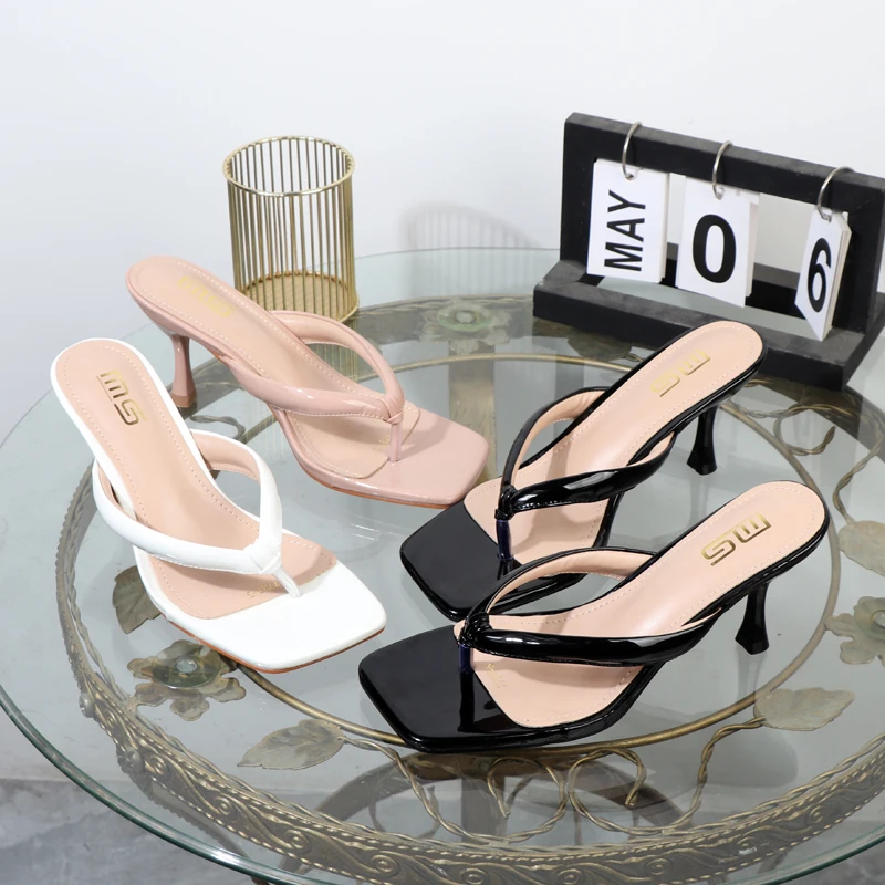 High-heeled flip flops women\'s shoes in summer 2024 patent leather ladies sandals wild black slippers luxury high heeles