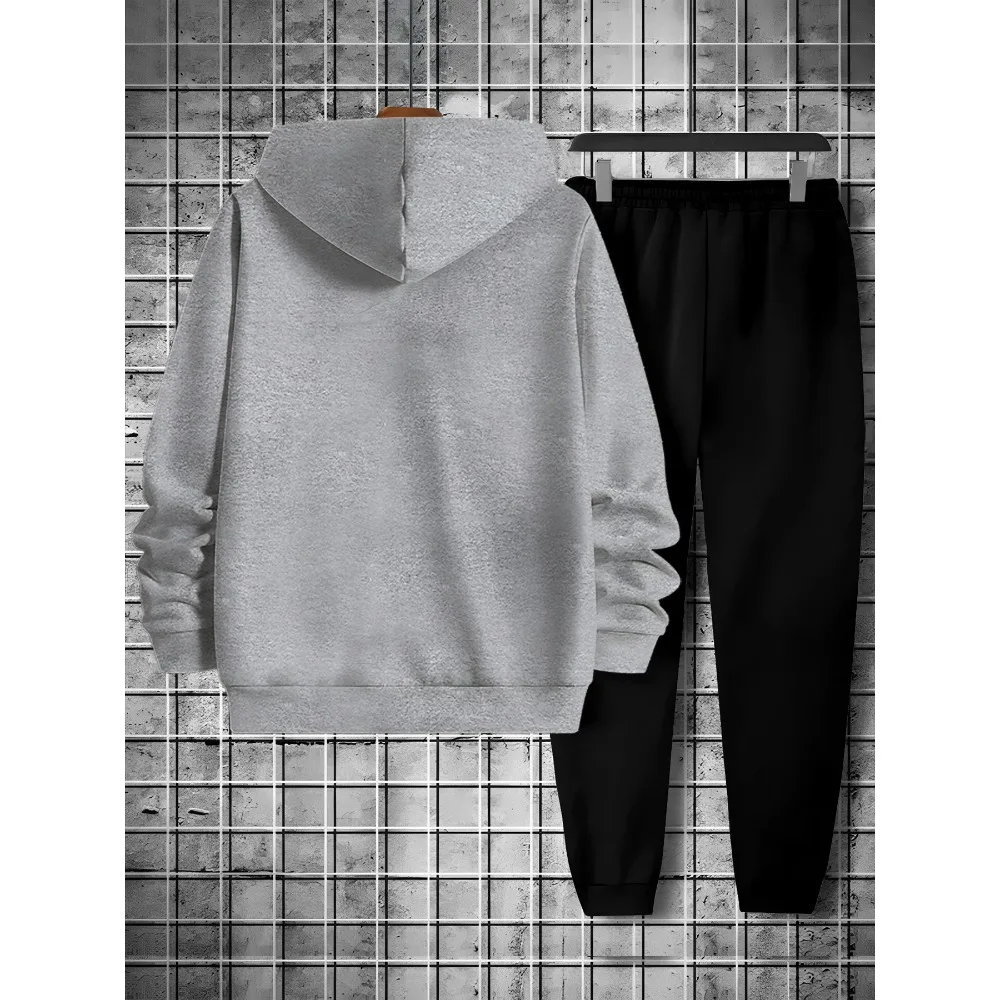 ملابس رياضية كاجوال للرجال في فصل الشتاء - سترة بقلنسوة متينة وسميكة مع مجموعة سراويل ضيقة دافئة