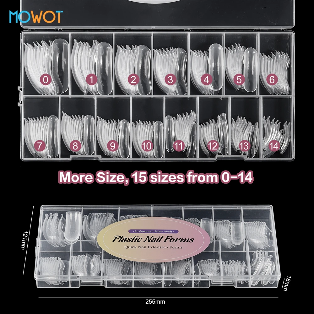 MOWOT 150Pcs Clear Nail Dual Forms Acrylic Widen Top Forms for Extension Quick Building Gel Mold 15 Sizes Full Cover Nail Forms