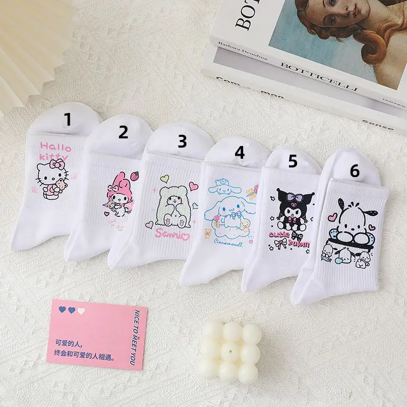 6Pcs Set Cute Sanrio Cartoon Kuromi Meldoy Cinnamoroll Stockings Female Summer Autumn White Mid-Tube Socks Children Gift