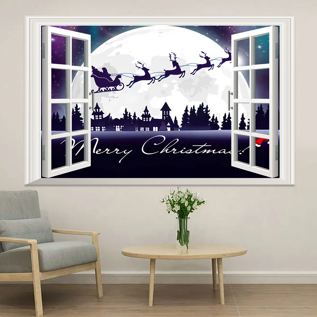 1PC Merry Christmas Night Fake Window View Wall Sticker Reusable Flat Decal Living Room Bedroom Art Wall Decor