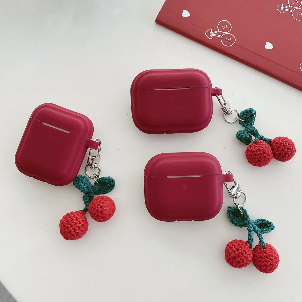 Knitted Red Cherry Pendant Earphone Case For AirPods Pro2 Pro 2nd Soft Silicone Protection Cover For AirPod 1 2 3 4 new Keychain